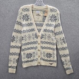 Hollister Women Sweater Medium Cream Fair Isle Bettys Cardigan Wool Blend NWT